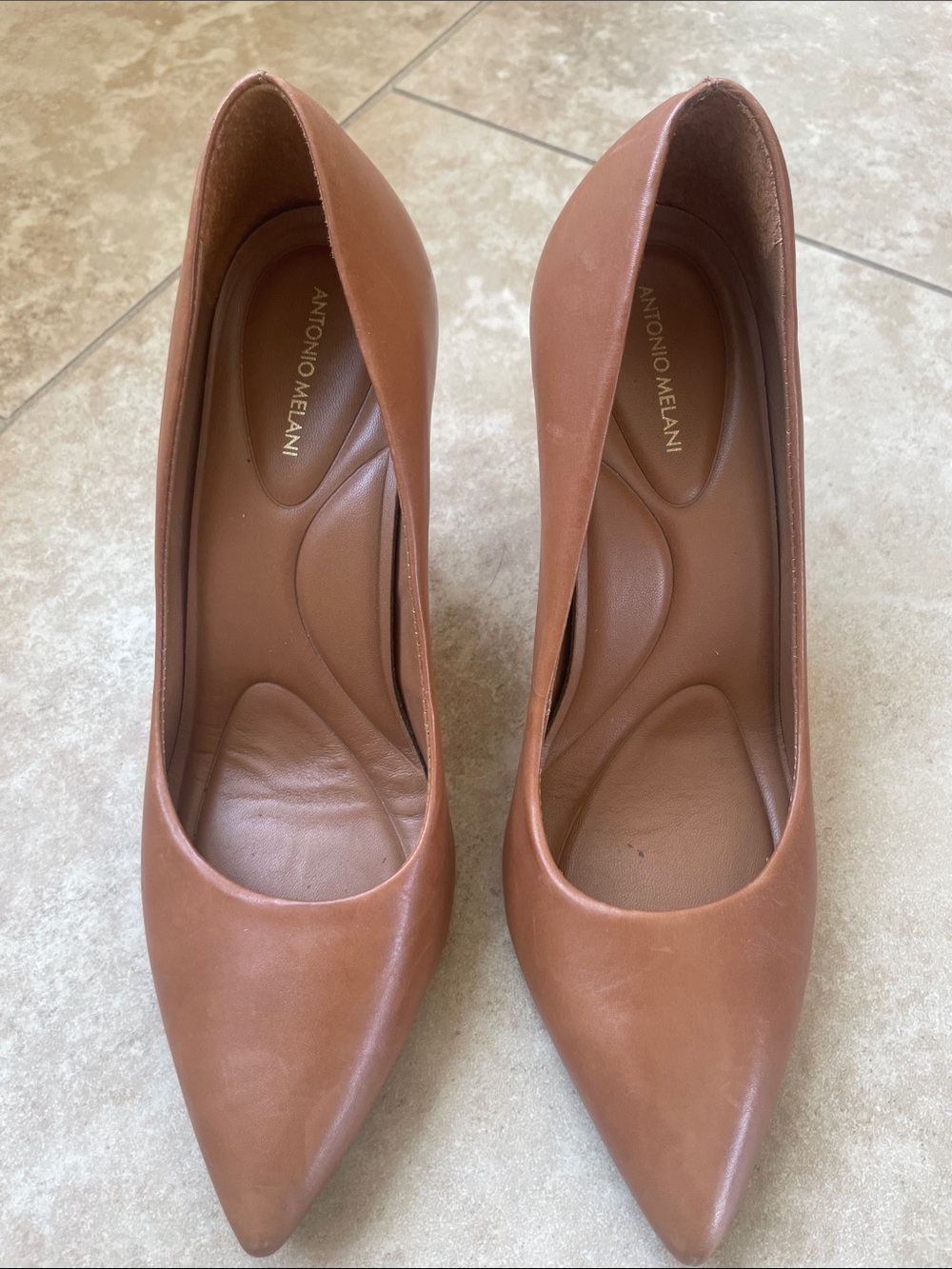 ANTONIO MELANI Leather Pointed Toe Pumps in Cognac